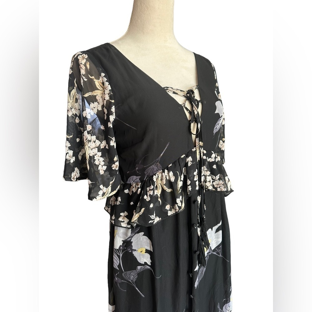 A. Calin flying tomato black floral ruffle lace up maxi dress - Picture 3 of 10